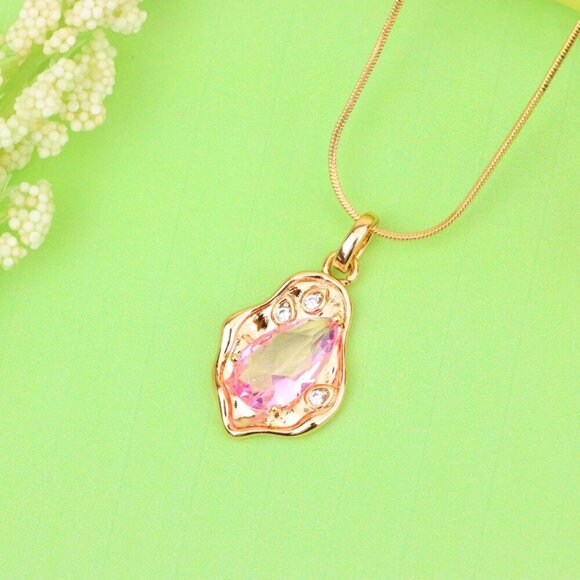 "Delicate Pink Teardrop Pendant in Gold Plated Artistic Frame, XPPT1730 - Picture 2 of 13